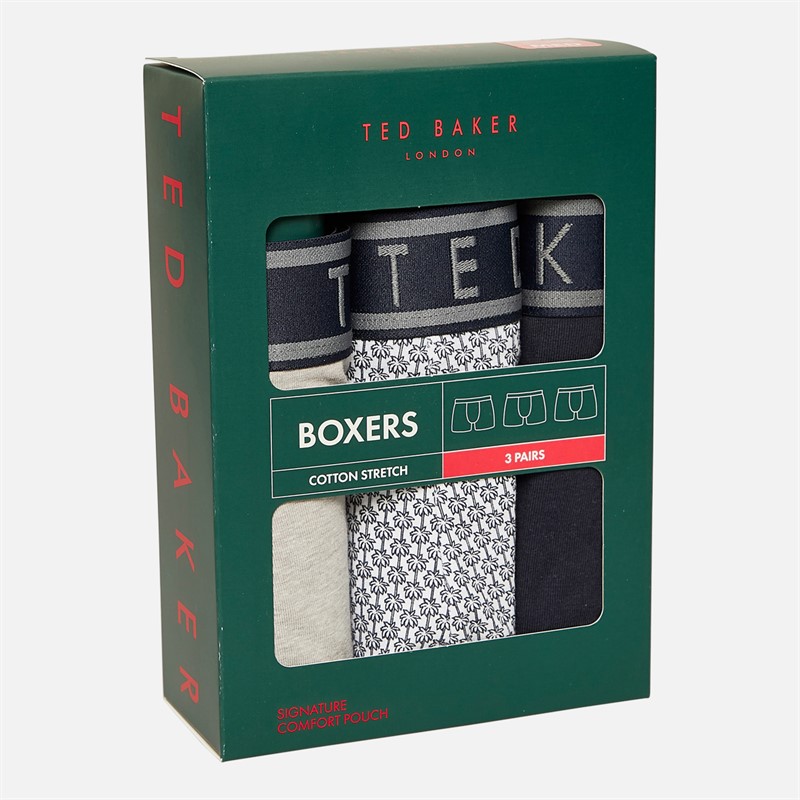 Ted Baker Mens Three Pack Boxers Navy Palm Tree/White/Heather Grey