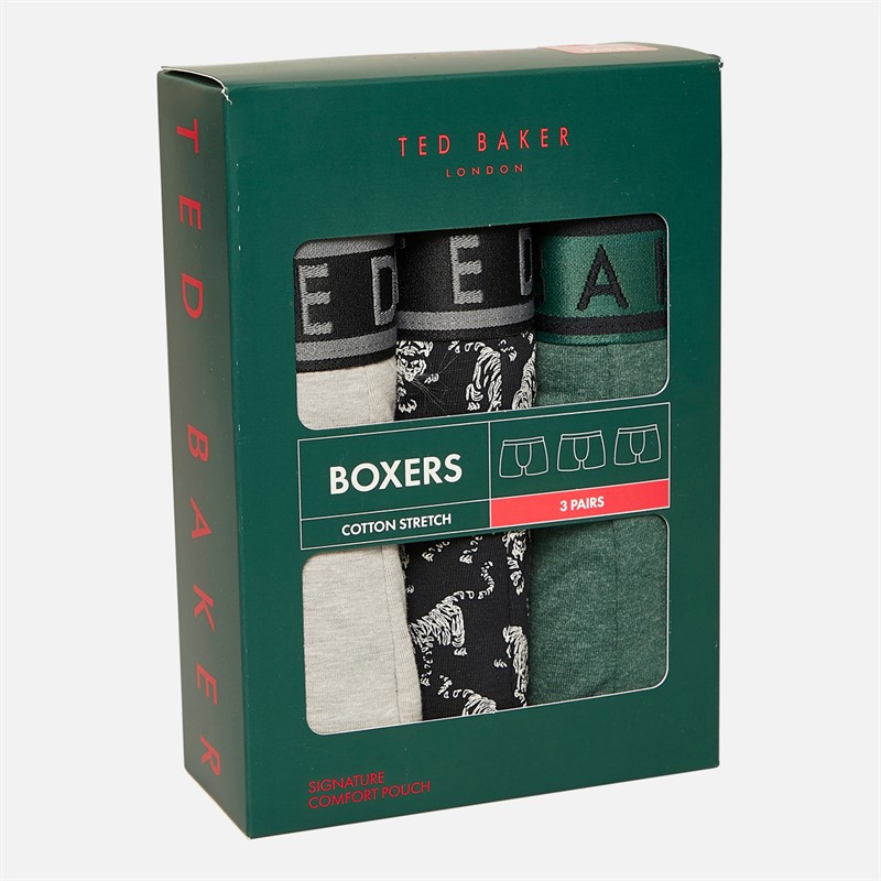 Ted Baker Mens Three Pack Boxers Trekking Green/Black Tiger/Heather Grey