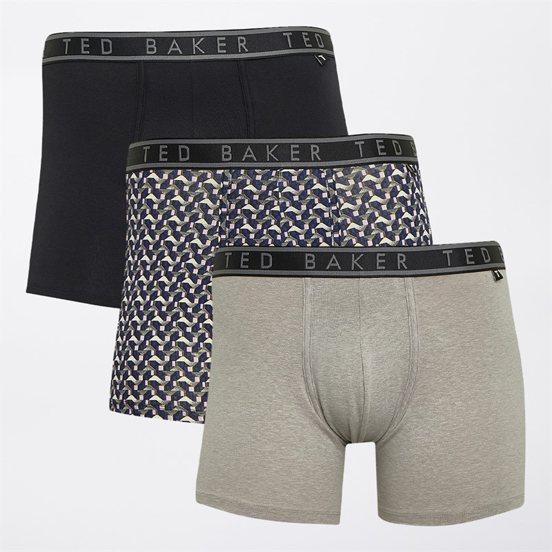 Ted Baker Mens Three Pack Boxers Heather Grey/Retro Geo Blue/Black