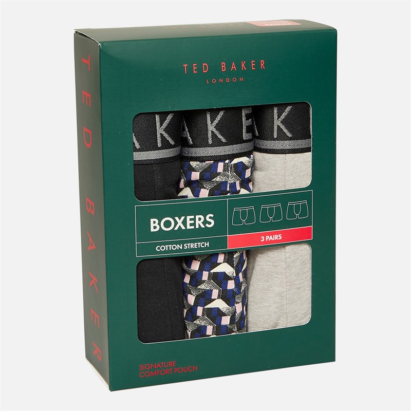 Ted Baker Mens Three Pack Boxers Heather Grey/Retro Geo Blue/Black