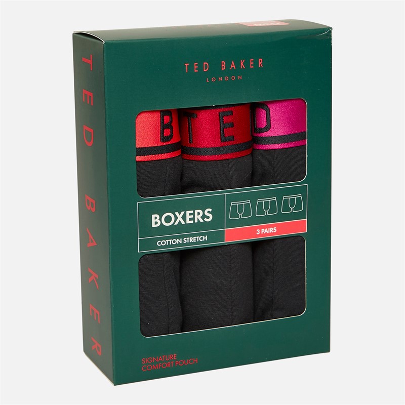 Ted Baker Mens Three Pack Boxers Black Festival Fuchsia/Black Jester Red/Black Cayenne