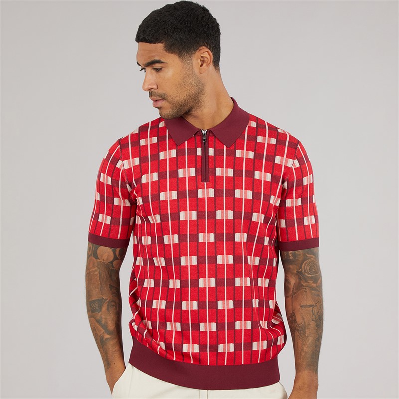 Ted Baker Mens Airon Zip Neck Jacquard Polo Shirt Red
