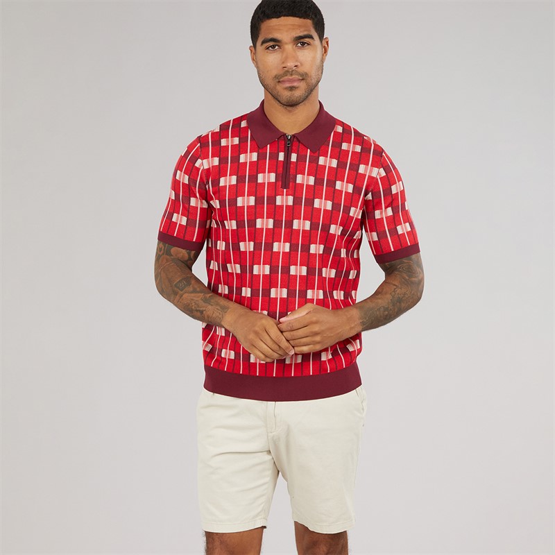 Ted Baker Mens Airon Zip Neck Jacquard Polo Shirt Red