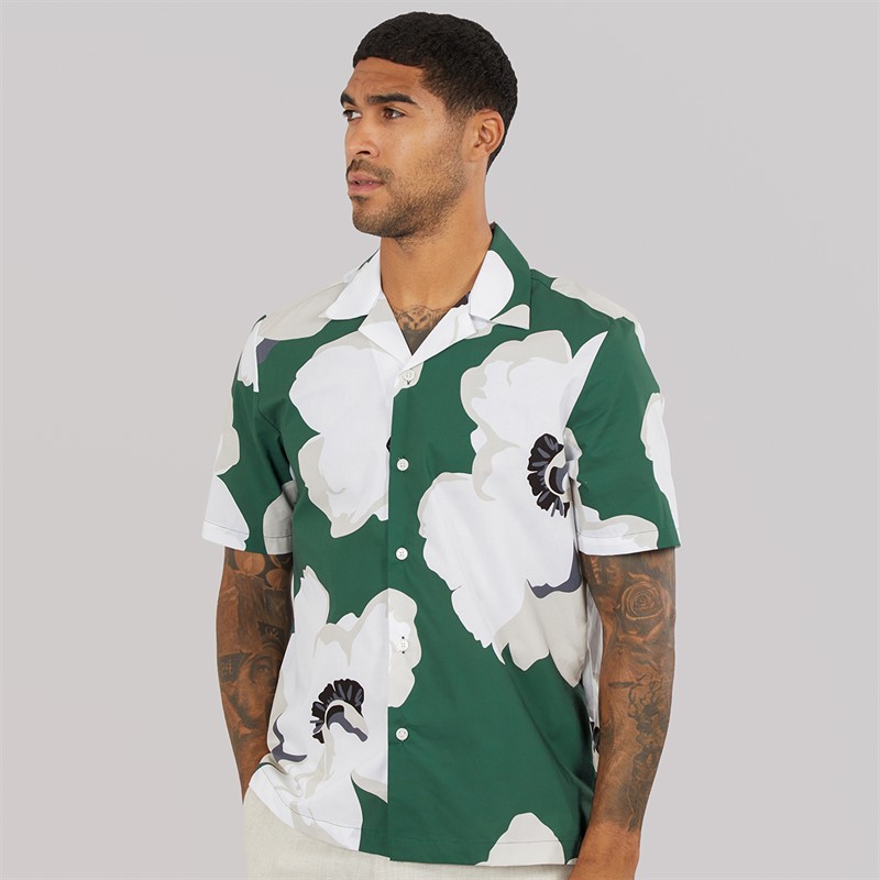 Ted Baker Mens Hebbden Short Sleeve Relaxed Floral Shirt Dark Green
