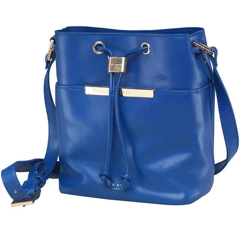 blue leather bucket bag