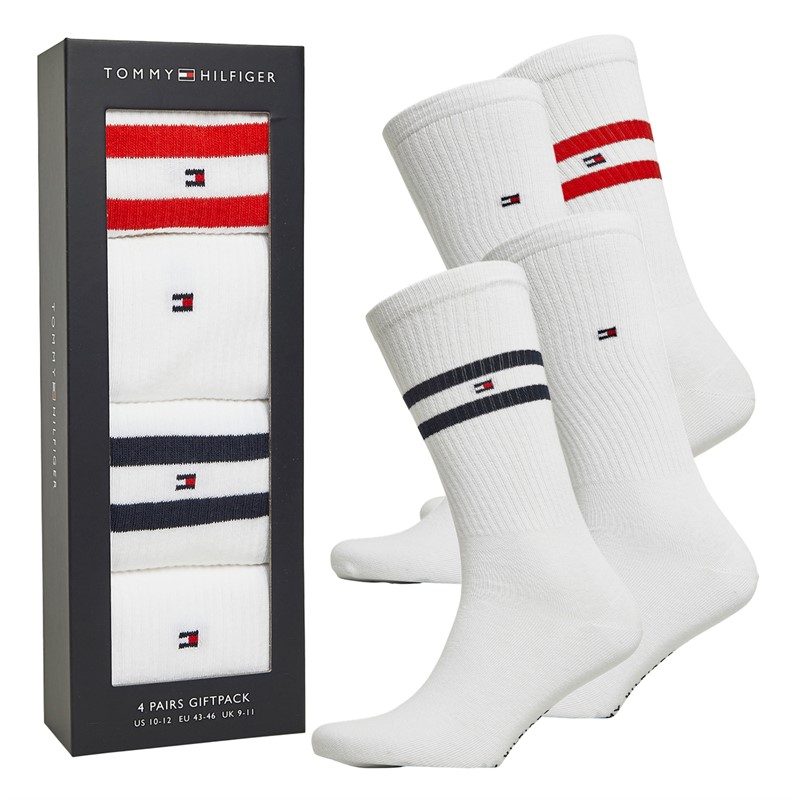 Tommy Hilfiger Mens Sport Stripe Four Pack Socks Giftbox White