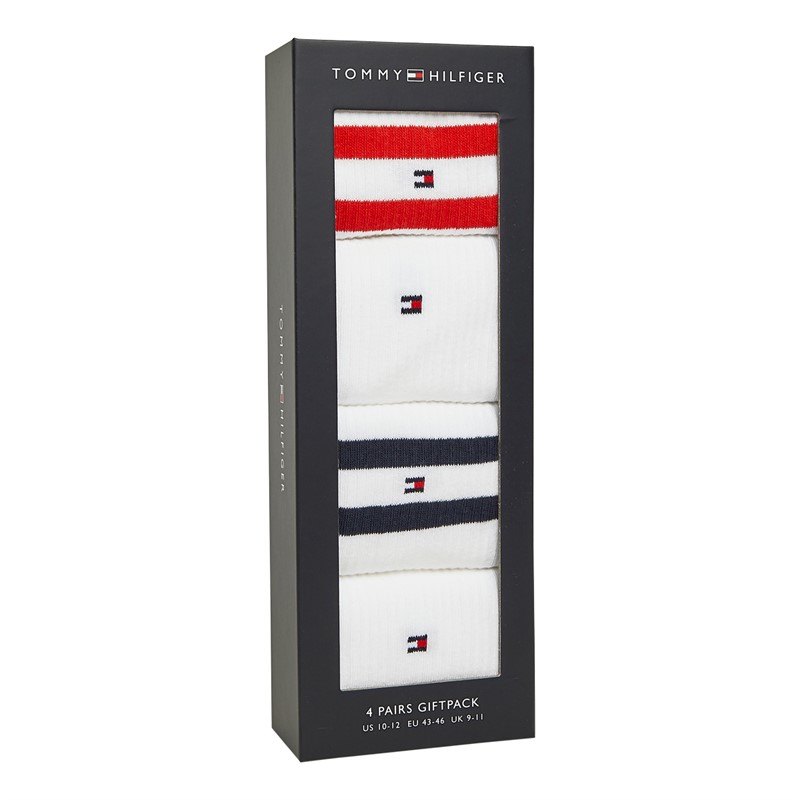 Tommy Hilfiger Mens Sport Stripe Four Pack Socks Giftbox White