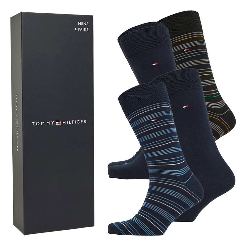 Tommy Hilfiger Mens Monogram S Four Pack Socks Giftbox Navy Combo