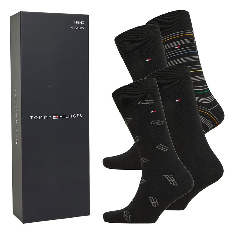 Tommy Hilfiger Mens Monogram S Four Pack Socks Giftbox Black Combo