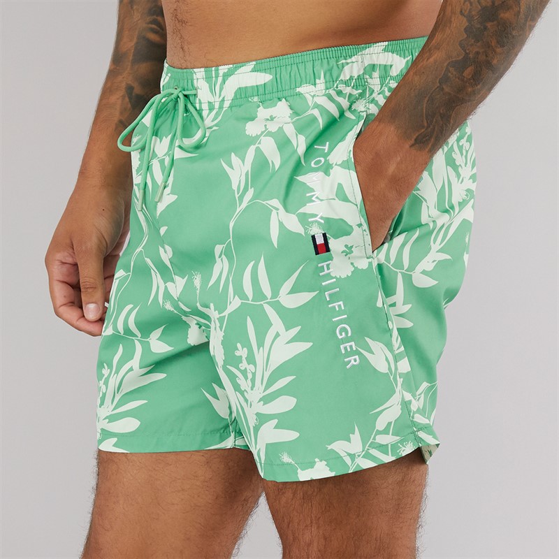 Tommy Hilfiger Mens Drawstring Swim Shorts Floral Tropic AOP Fort Green - Size L
