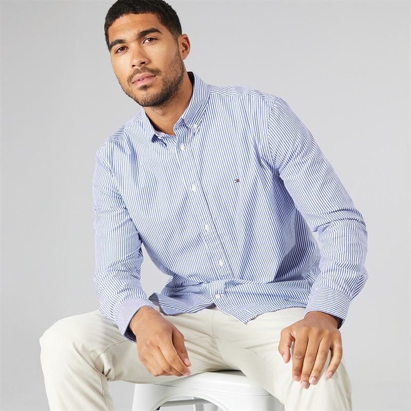 Tommy Hilfiger Mens Flex Poplin Classic Long Sleeve Shirt Wedge Blue/Optic White