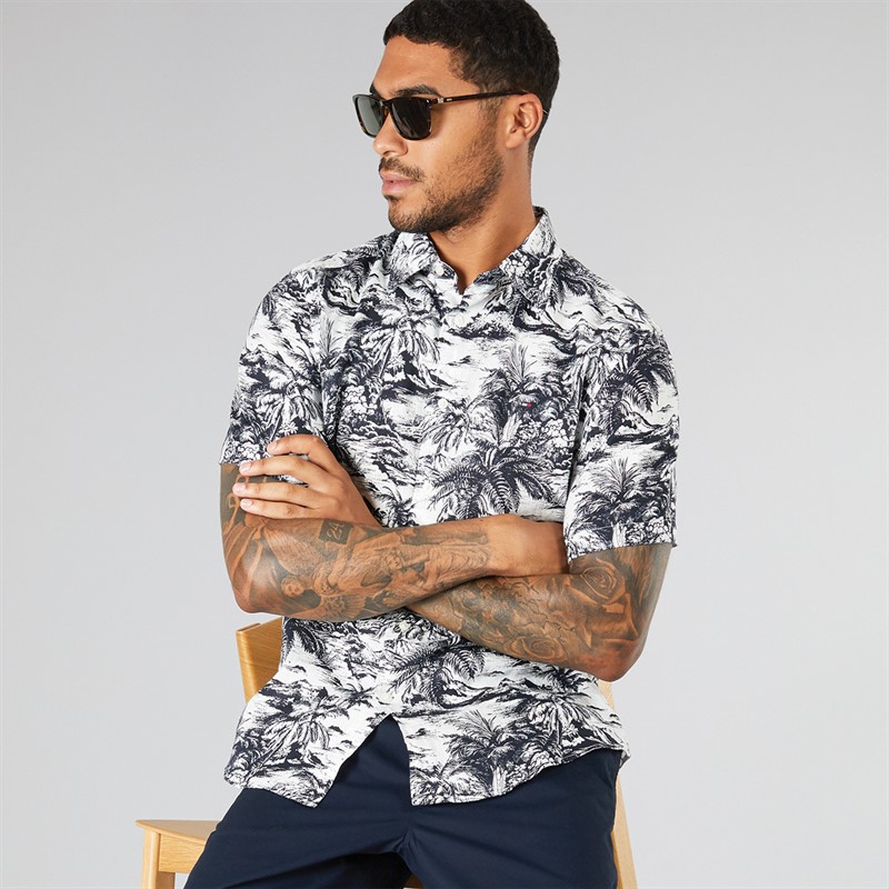 Tommy Hilfiger Mens Linen Vacation Short Sleeve Shirt Desert Sky Allover