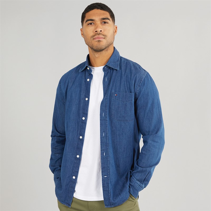 Tommy Hilfiger Mens Lightweight Denim Long Sleeve Shirt Mid Blue Denim