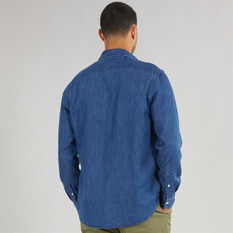Tommy Hilfiger Mens Lightweight Denim Long Sleeve Shirt Mid Blue Denim