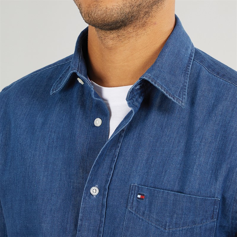 Tommy Hilfiger Mens Lightweight Denim Long Sleeve Shirt Mid Blue Denim