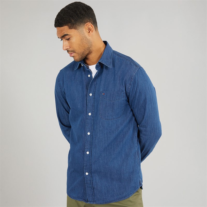 Tommy Hilfiger Mens Lightweight Denim Long Sleeve Shirt Mid Blue Denim