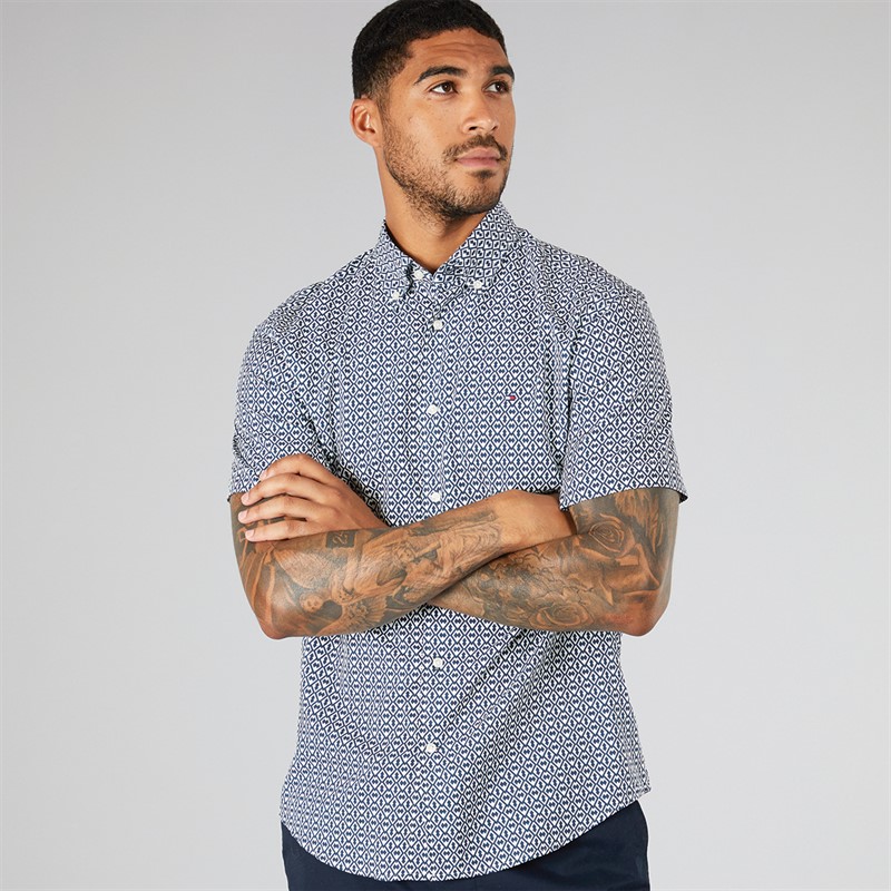 Tommy Hilfiger Mens Lightweight Geo Short Sleeve Shirt Night Sky/Ivory Silk