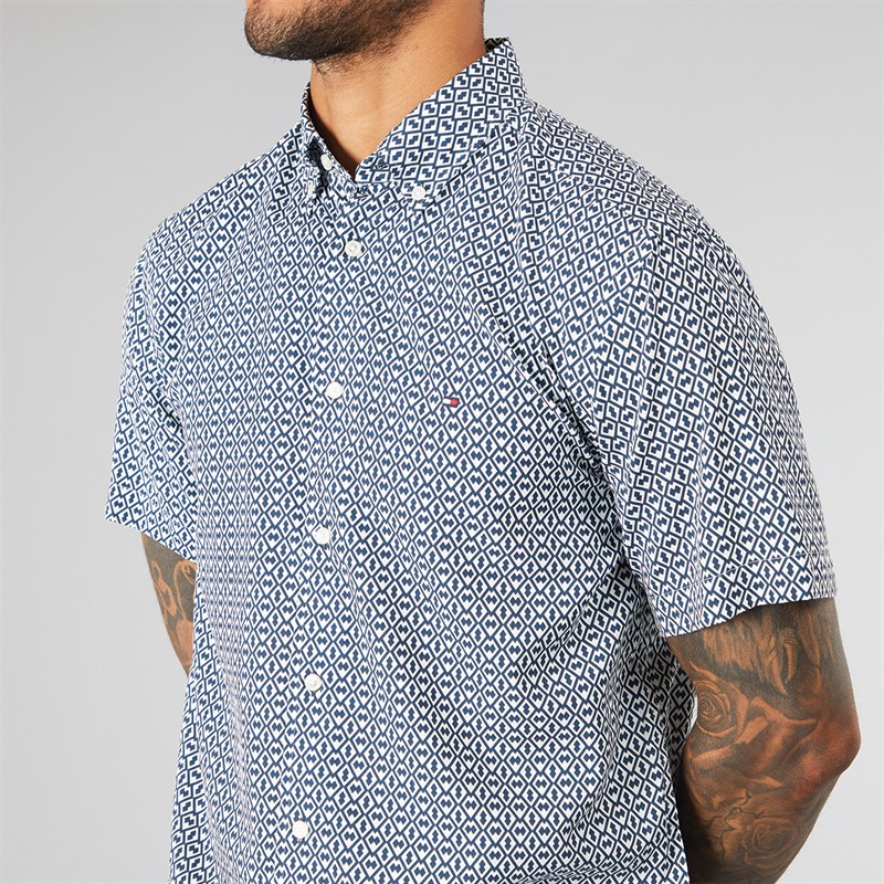 Tommy Hilfiger Mens Lightweight Geo Short Sleeve Shirt Night Sky/Ivory Silk