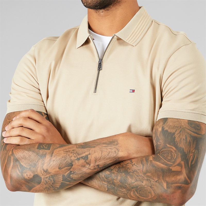 Tommy Hilfiger Mens Mercerised Pique Zip Polo Shirt Sandalwood