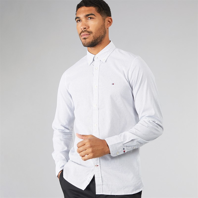 Tommy Hilfiger Mens Flex Mini Print Long Sleeve Shirt Optic White/Desert Sky - Size XXL