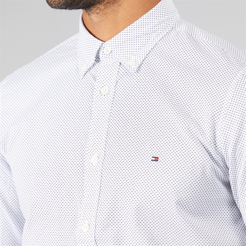 Tommy Hilfiger Mens Flex Mini Print Long Sleeve Shirt Optic White/Desert Sky