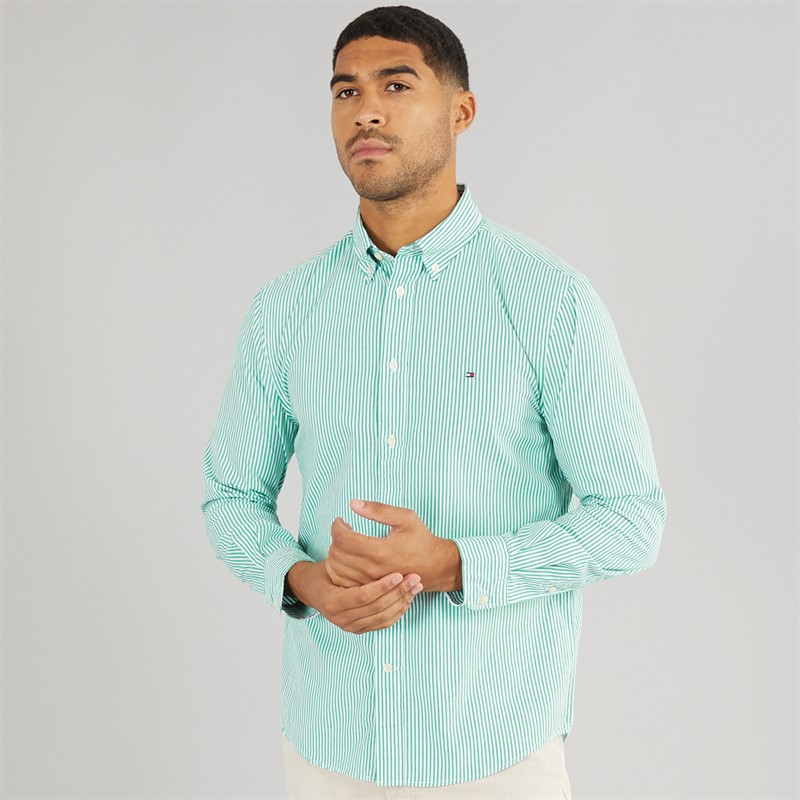 Tommy Hilfiger Mens Flex Poplin Classic Long Sleeve Shirt Olympic Green/Optic White