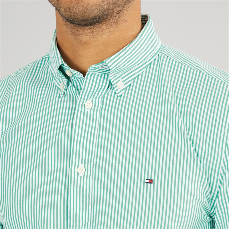 Tommy Hilfiger Mens Flex Poplin Classic Long Sleeve Shirt Olympic Green/Optic White