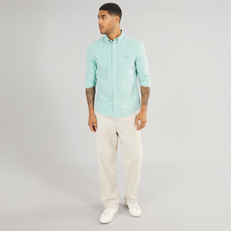 Tommy Hilfiger Mens Flex Poplin Classic Long Sleeve Shirt Olympic Green/Optic White