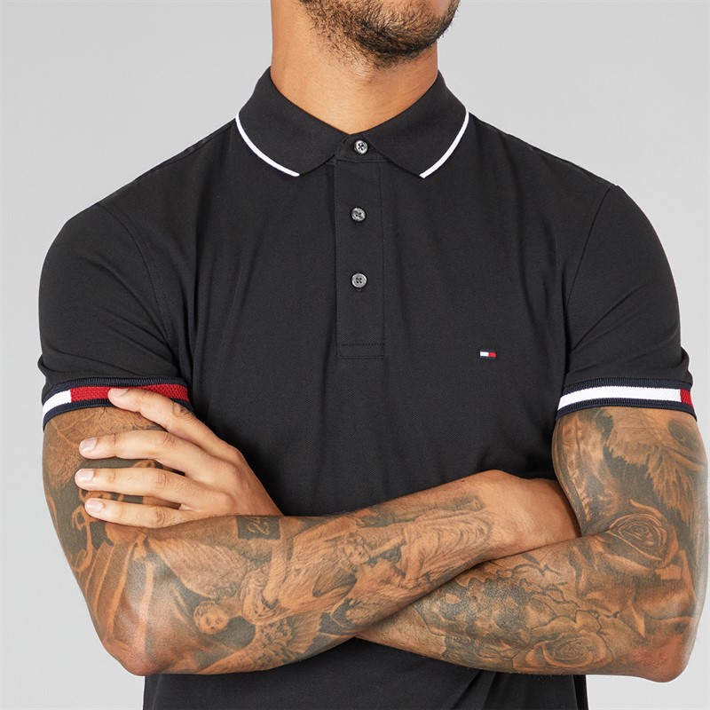 Tommy Hilfiger Mens Flag Cuff Slim Fit Polo Black