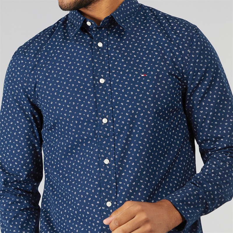 Tommy Hilfiger Mens Flex Poplin Long Sleeve Shirt Night Sky Allover