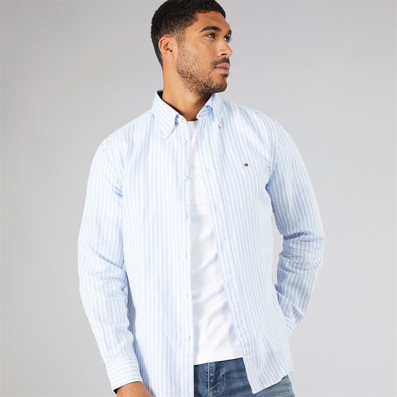 Tommy Hilfiger Mens Linen Blend Long Sleeve Shirt Breezy Blue/Stripe - Size XL