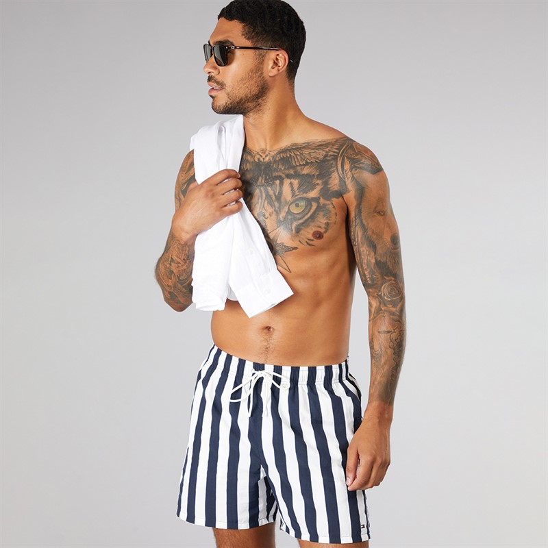 Tommy Hilfiger Mens Drawstring Swim Shorts Bold Stripe Desert Sky