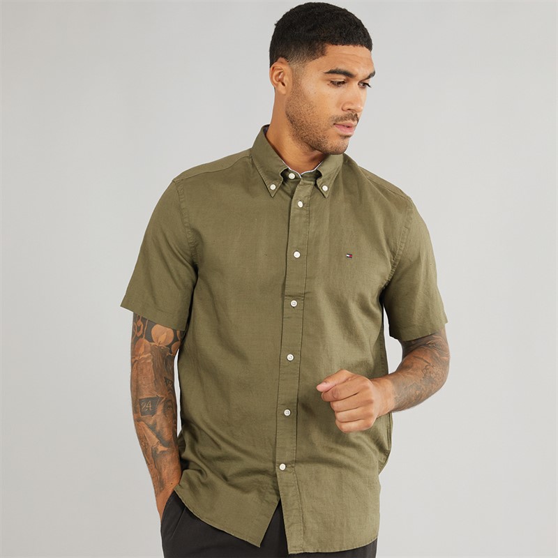 Tommy Hilfiger Mens Linen Blend Short Sleeve Shirt Battle Green