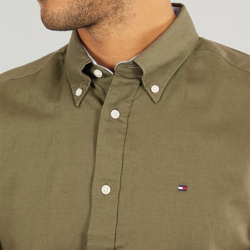 Tommy Hilfiger Mens Linen Blend Short Sleeve Shirt Battle Green