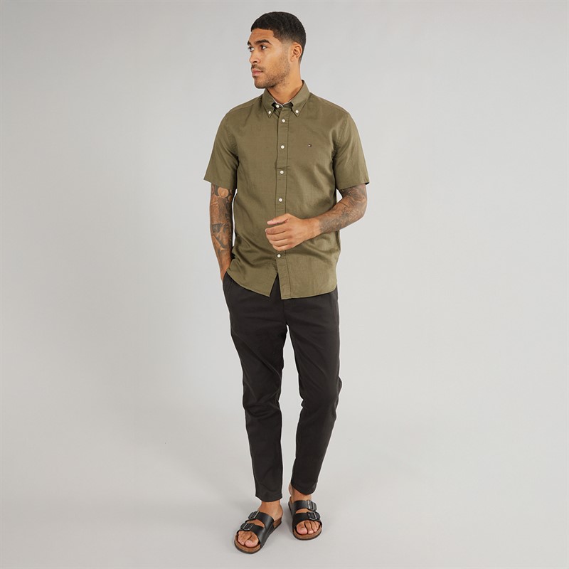 Tommy Hilfiger Mens Linen Blend Short Sleeve Shirt Battle Green