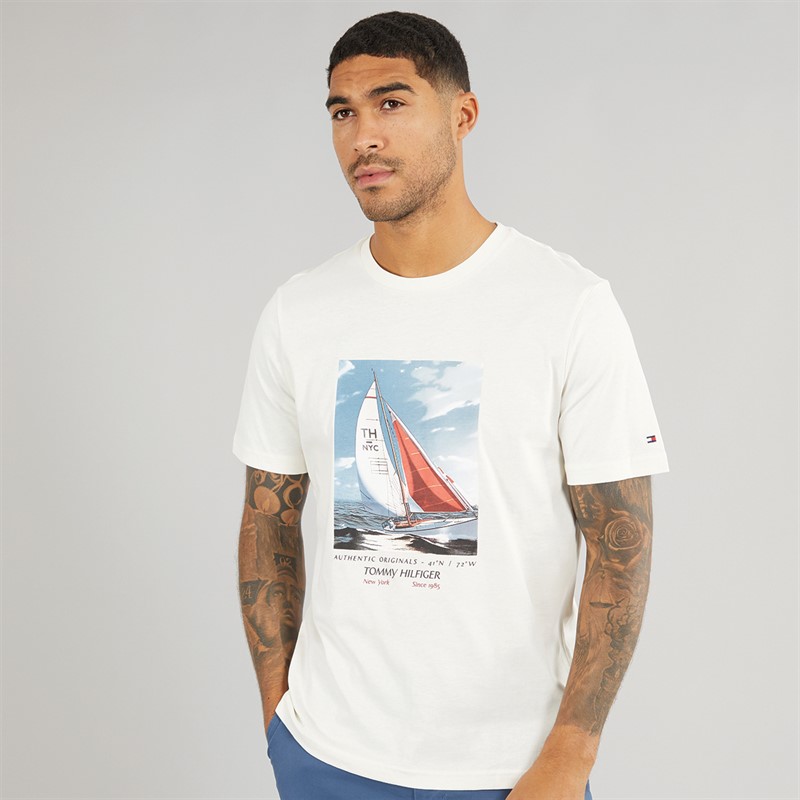 Tommy Hilfiger Mens Hilfiger Color Photo T-Shirt Ivory Petal