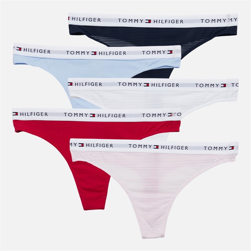 Tommy Hilfiger Womens Five Pack Thongs L Pink/V Pink/White/Navy/S Blue