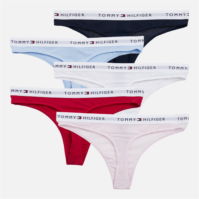 Tommy Hilfiger Womens Five Pack Thongs L Pink/V Pink/White/Navy/S Blue