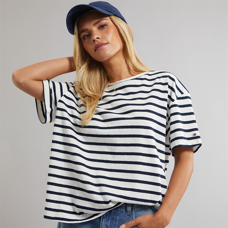 Tommy Hilfiger Womens Linen Striped T-Shirt Breton Dark Night Navy Stp