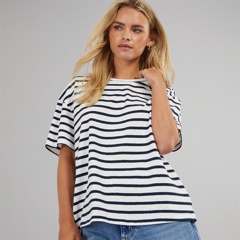 Tommy Hilfiger Womens Linen Striped T-Shirt Breton Dark Night Navy Stp