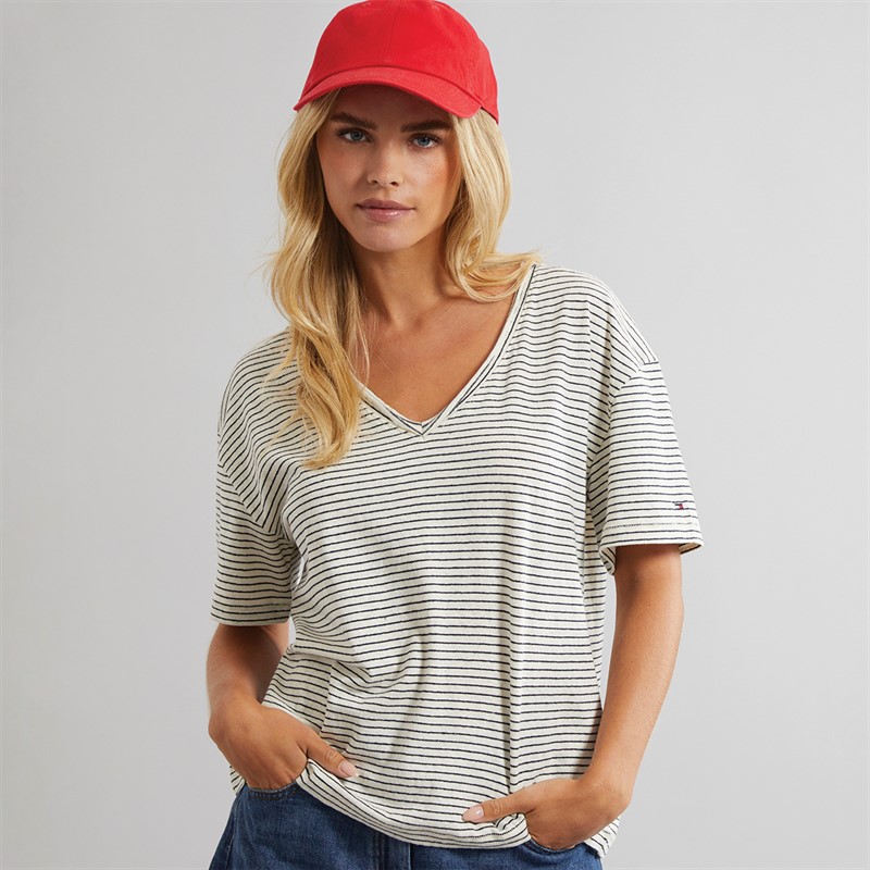 Tommy Hilfiger Womens Linen Striped T-Shirt Calico/Dark Night Navy Stripe