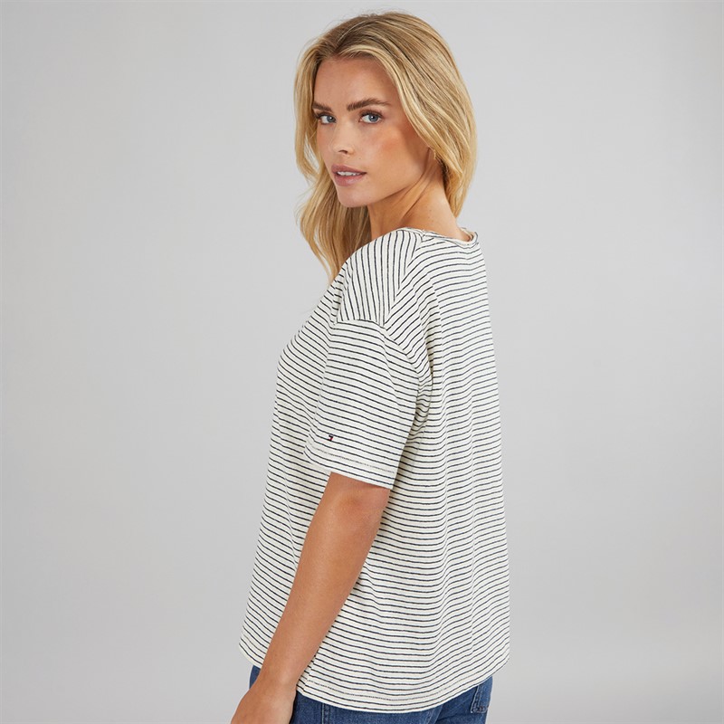 Tommy Hilfiger Womens Linen Striped T-Shirt Calico/Dark Night Navy Stripe