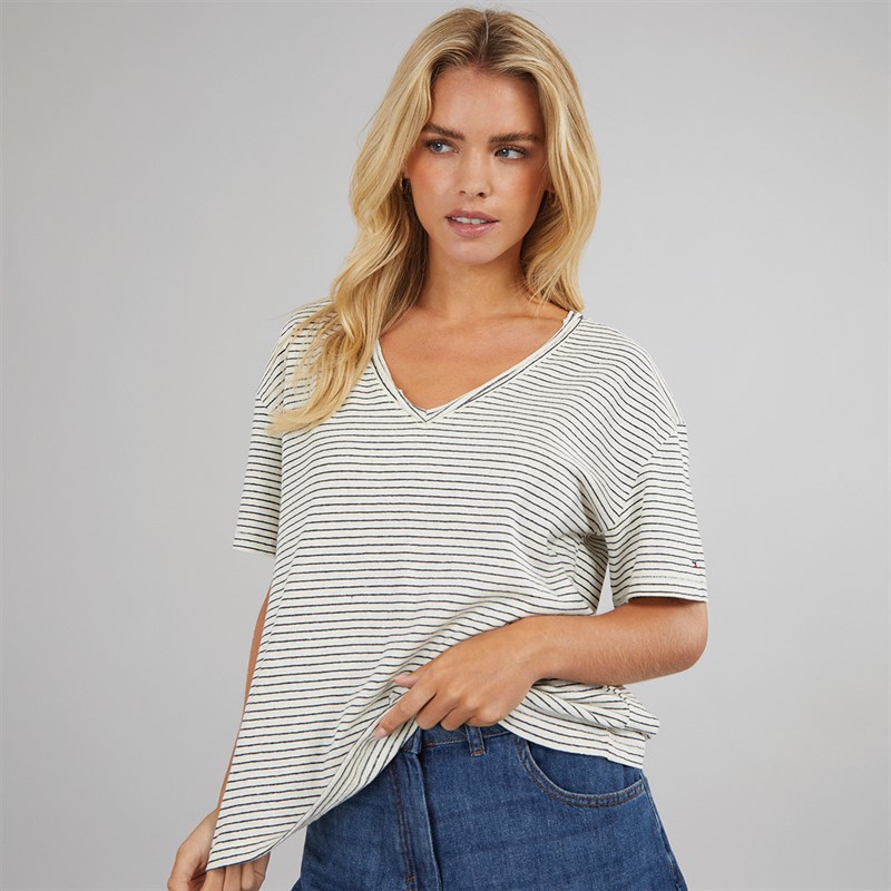 Tommy Hilfiger Womens Linen Striped T-Shirt Calico/Dark Night Navy Stripe