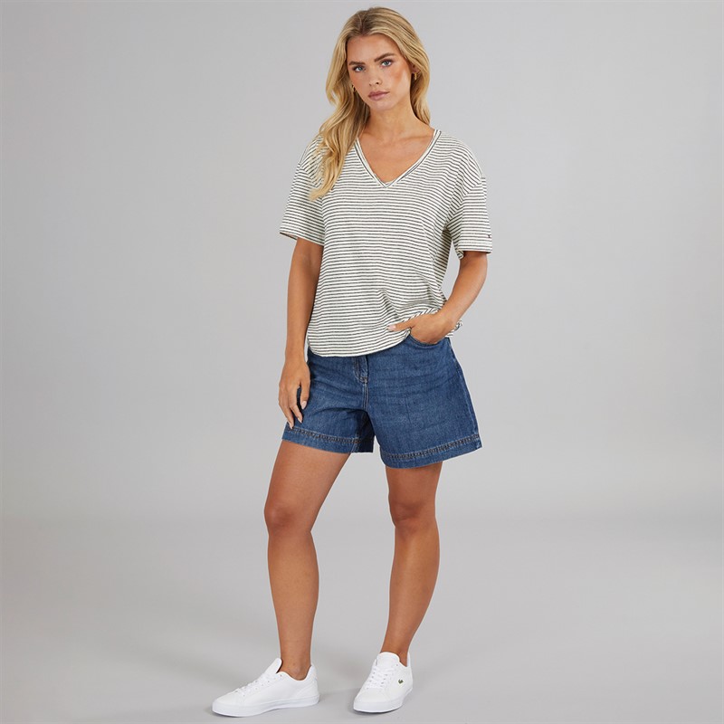 Tommy Hilfiger Womens Linen Striped T-Shirt Calico/Dark Night Navy Stripe