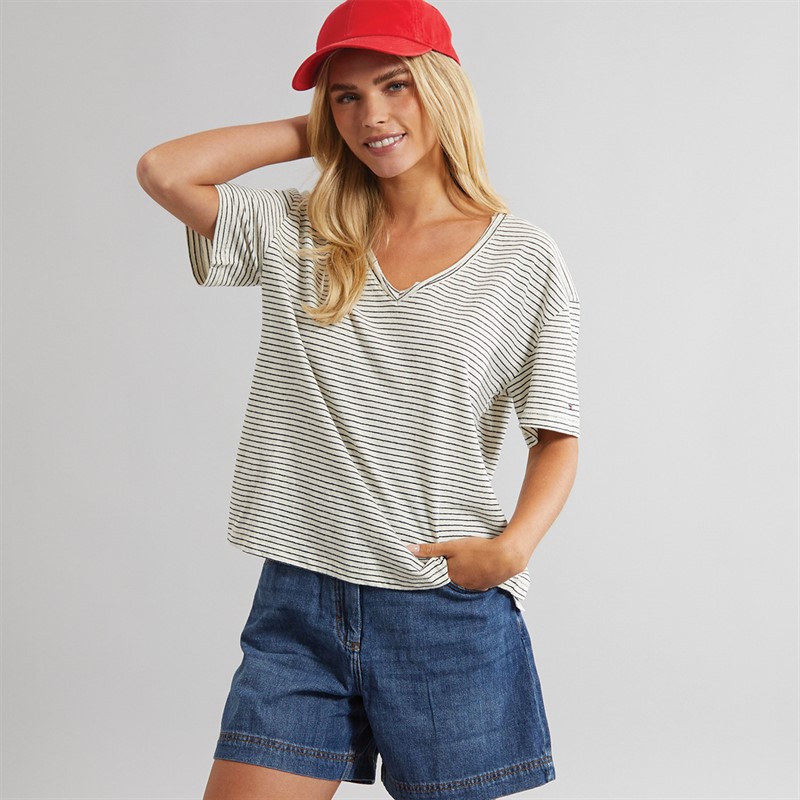 Tommy Hilfiger Womens Linen Striped T-Shirt Calico/Dark Night Navy Stripe