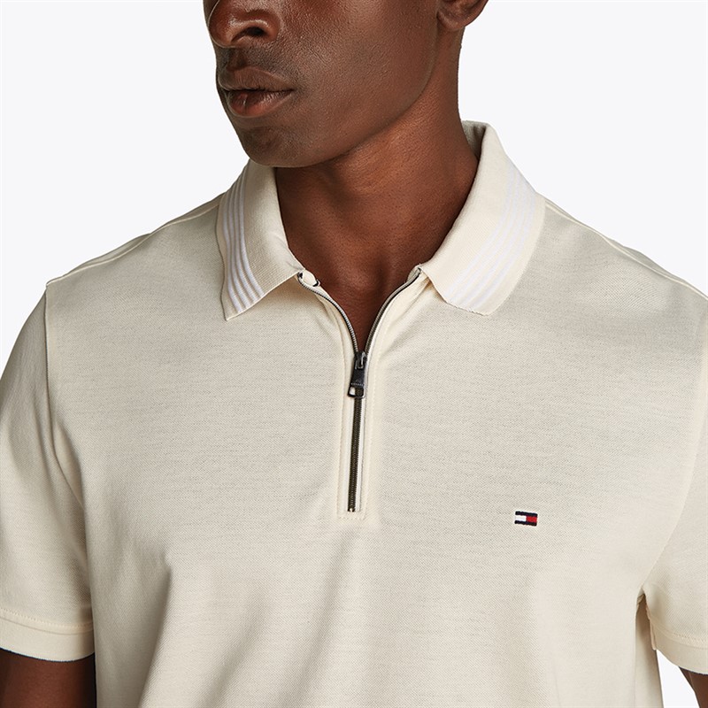 Tommy Hilfiger Polo Zippé Piqué Mercerisé Homme Ivoire Pétale