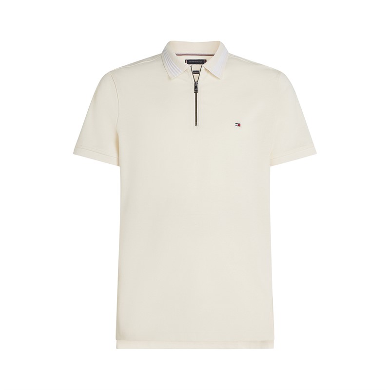 Tommy Hilfiger Polo Zippé Piqué Mercerisé Homme Ivoire Pétale