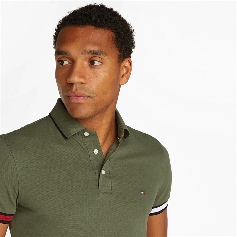 Tommy Hilfiger Polo Coupe Slim Drapeau Poignets Homme Vert Militaire