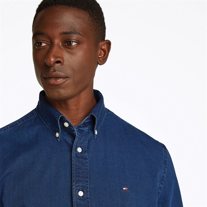Tommy Hilfiger Heren Chambray Lange Mouw Overhemd Donker Blauw Chambray
