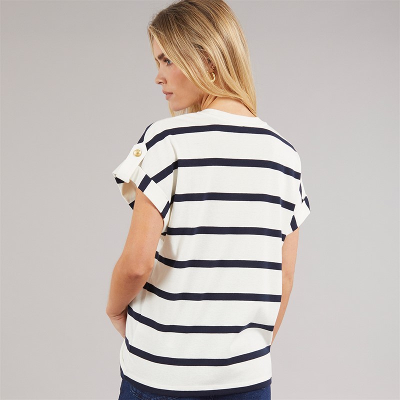 Tommy Hilfiger Womens Gold Button T-Shirt Ivory Silk/Dark Night Navy Stripe Ivory Silk/Dark Night Navy Stp
